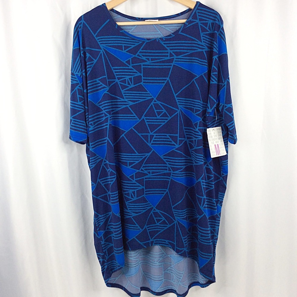 NWT Lularoe Irma Tunic Top Women's Size Medium Hi Low Hem Blue Geometric